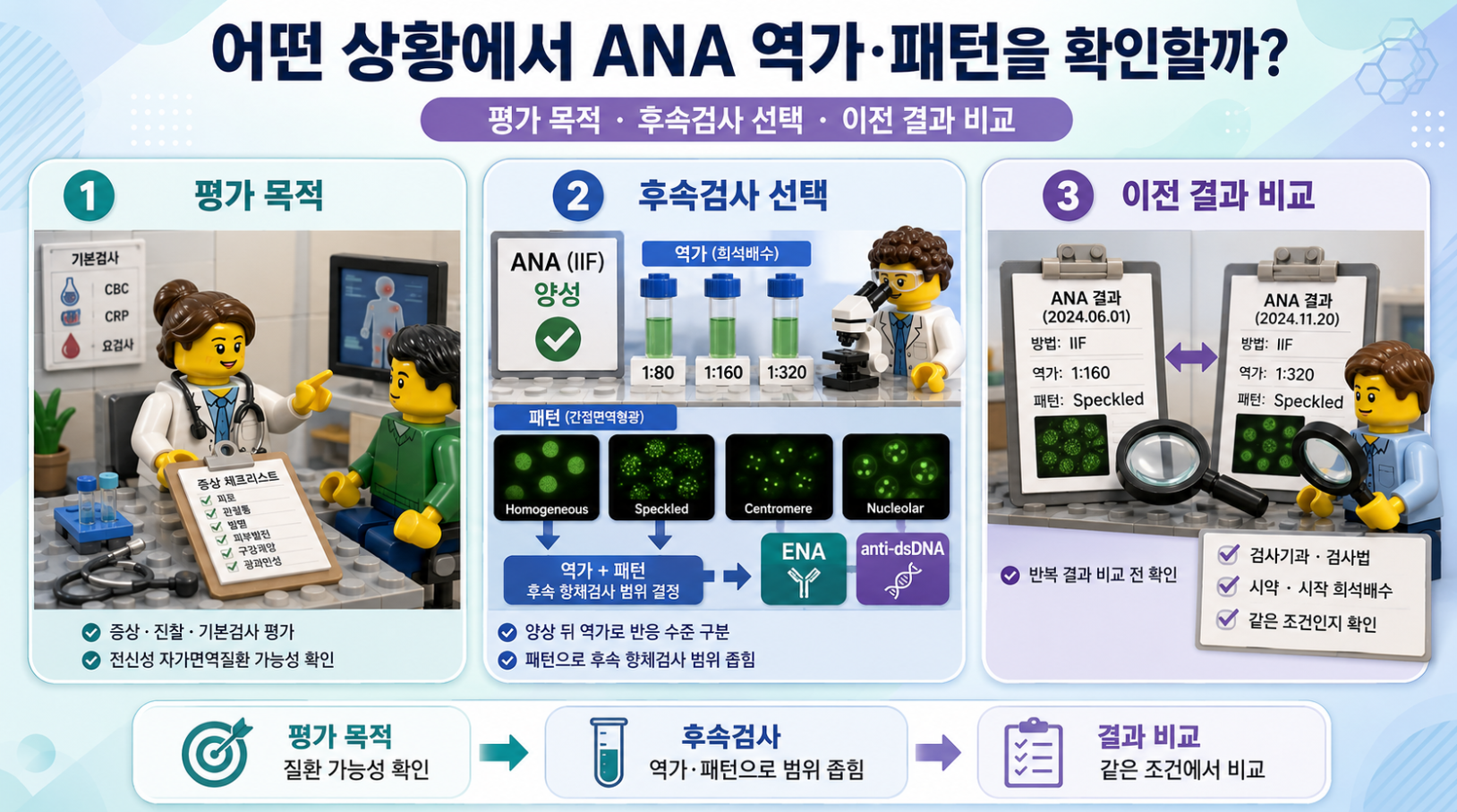 ANA 역가와 형광 패턴을 어떤 상황에서 확인하는지 평가 목적과 후속검사 선택을 설명한 레고 스타일 인포그래픽