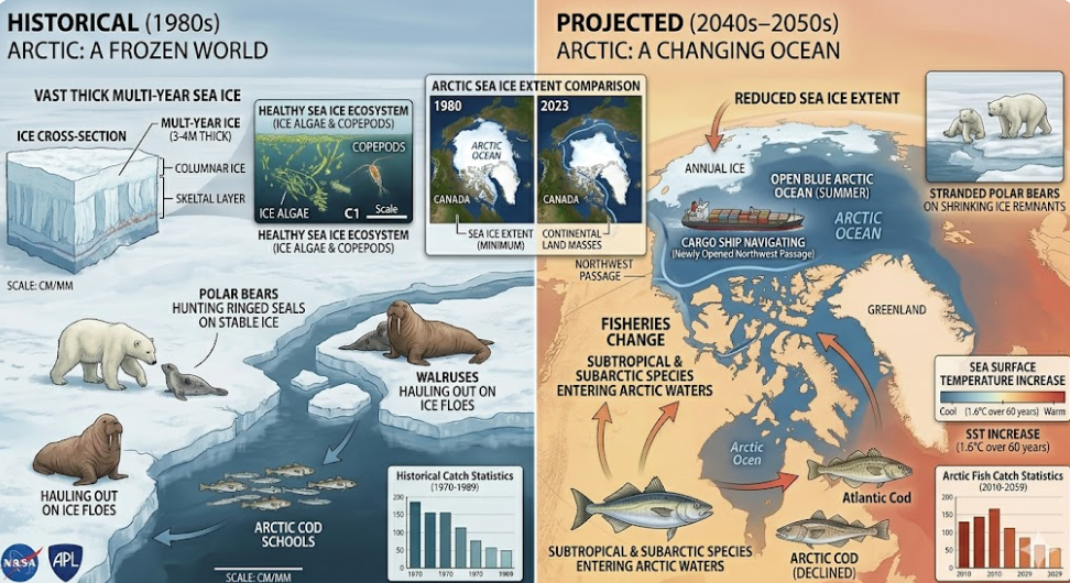 북극해 해빙 감소와 북극 생태계 변화 도식