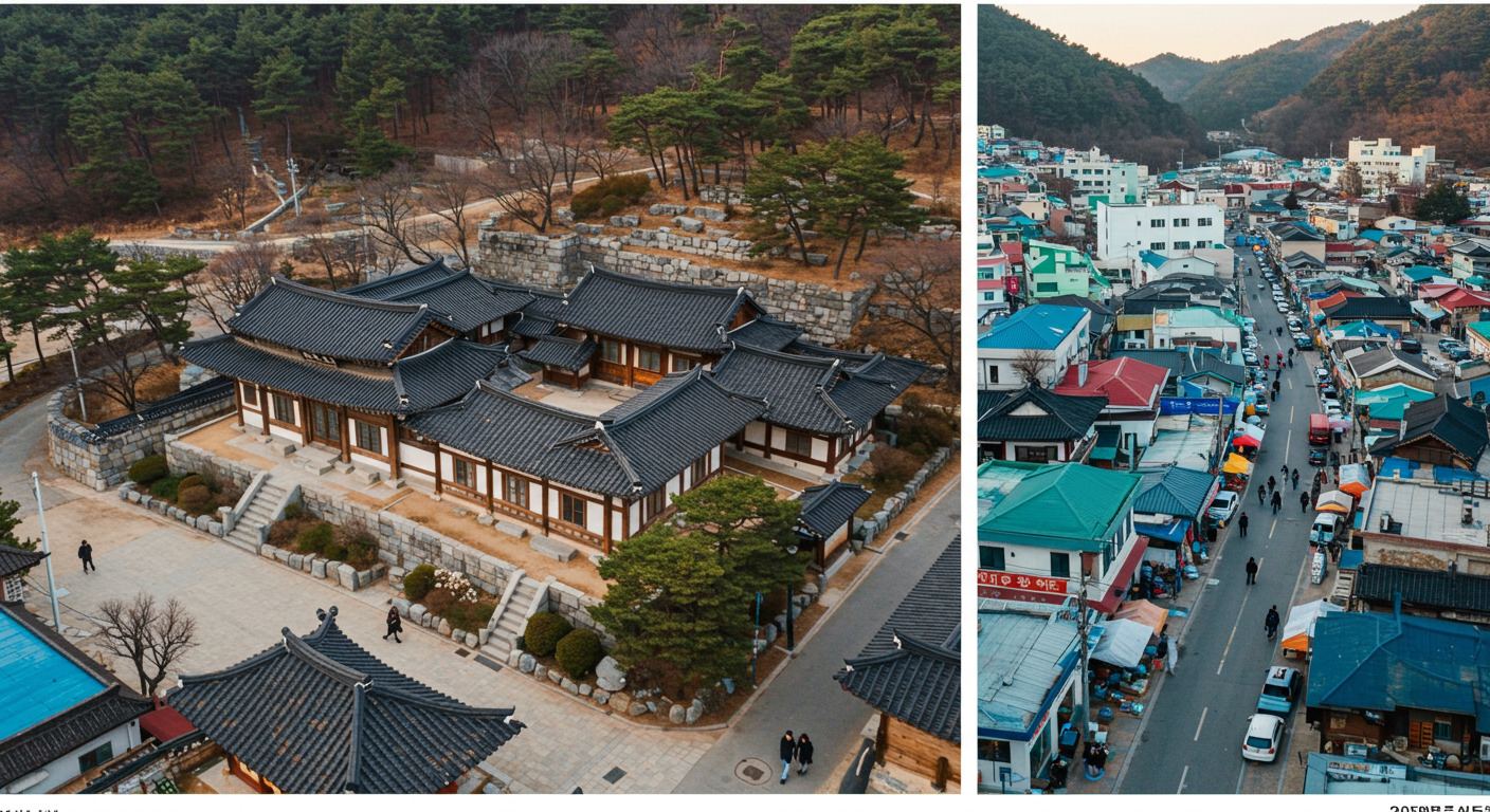 강릉 선교장 한옥, 속초 아바이마을 골목, 정선 아리랑시장의 풍경이 어우러진 이미지