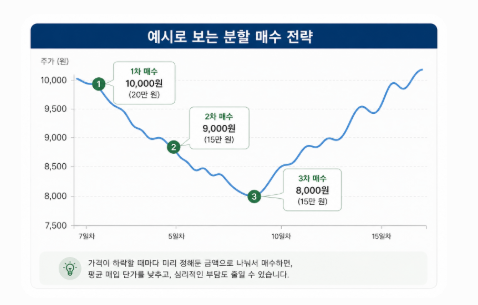 주식 분할 매수 전략 예시 그래프 (1차, 2차, 3차 매수 시점)