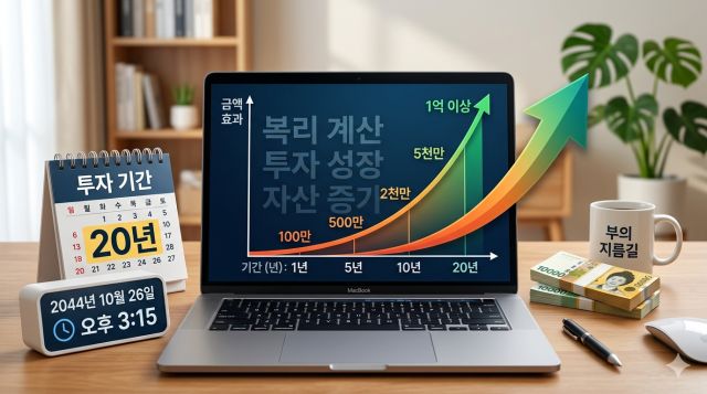 복리 계산 그래프를 통해 투자 금액보다 투자 기간의 중요성을 보여주는 재테크 썸네일 이미지