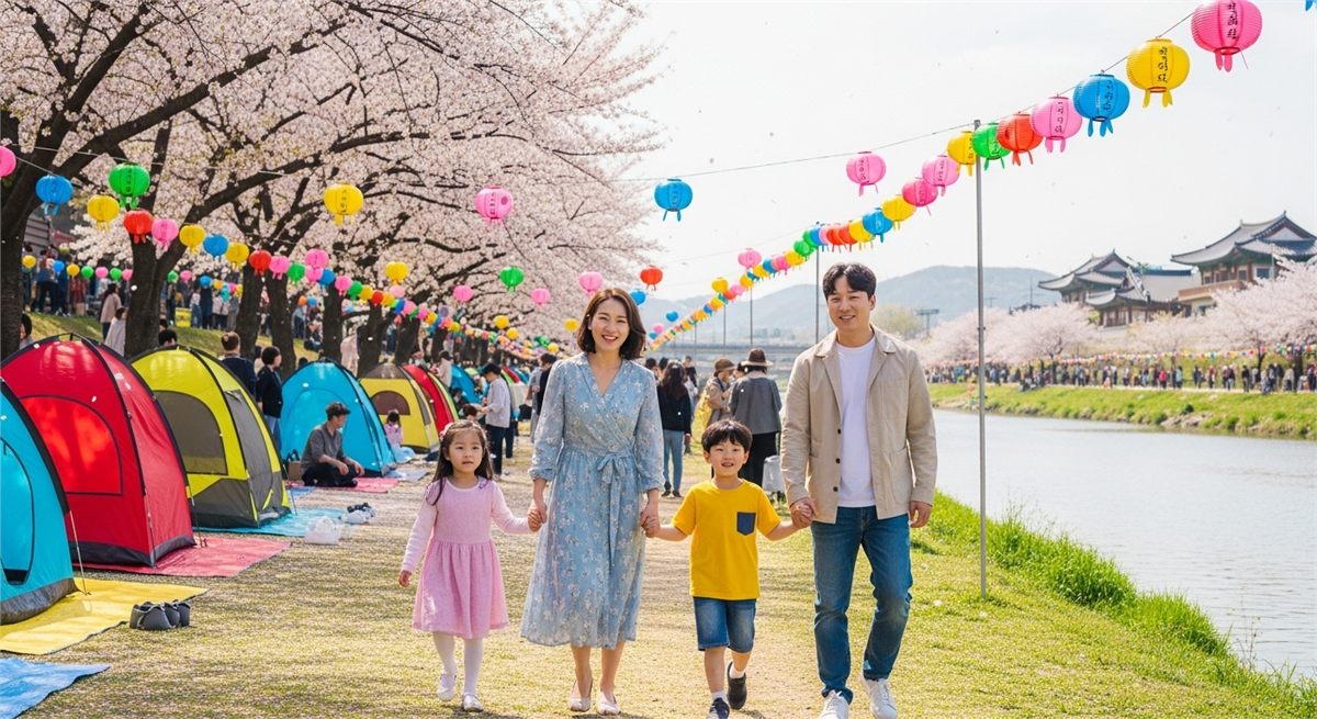 강변 봄 축제로 들어가는 가족의 나들이 풍경 사진 