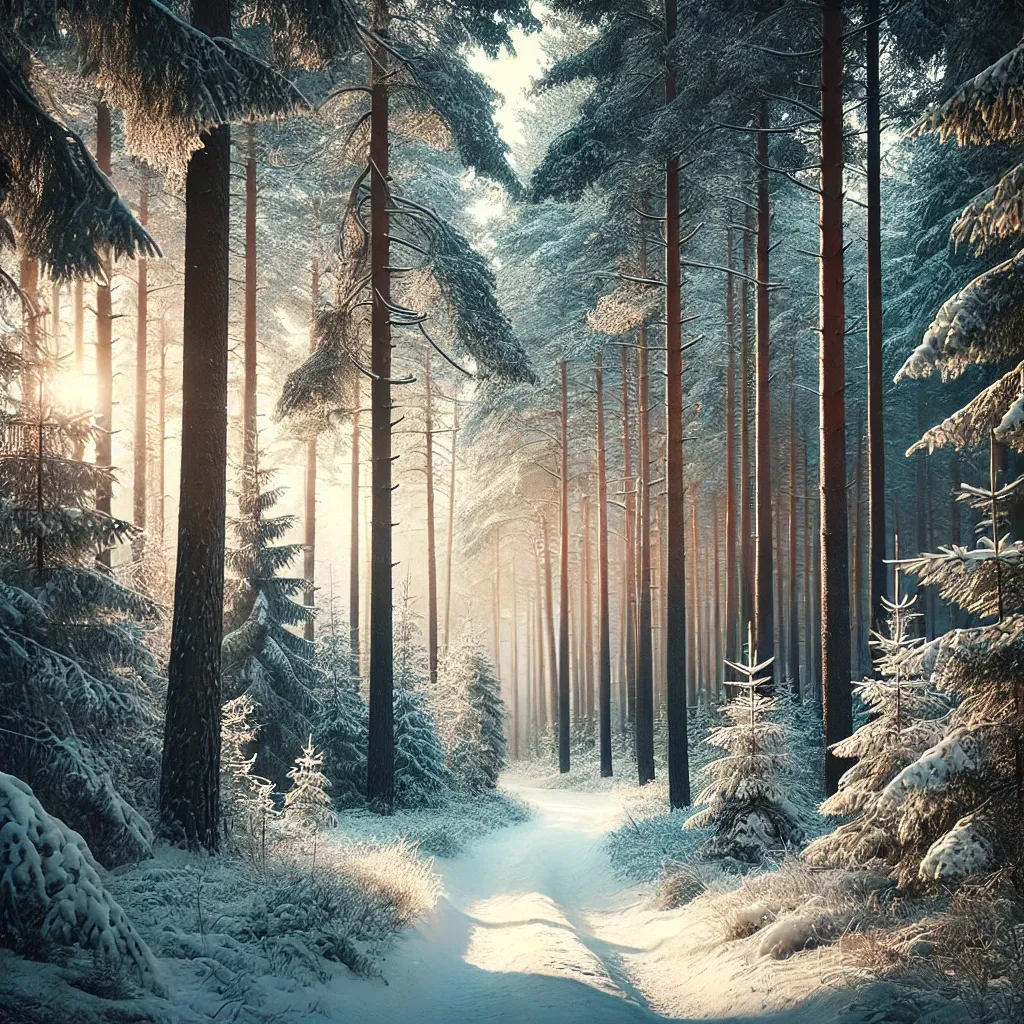 눈이온 숲길-좌우로 높이 있는 나무들의 모습