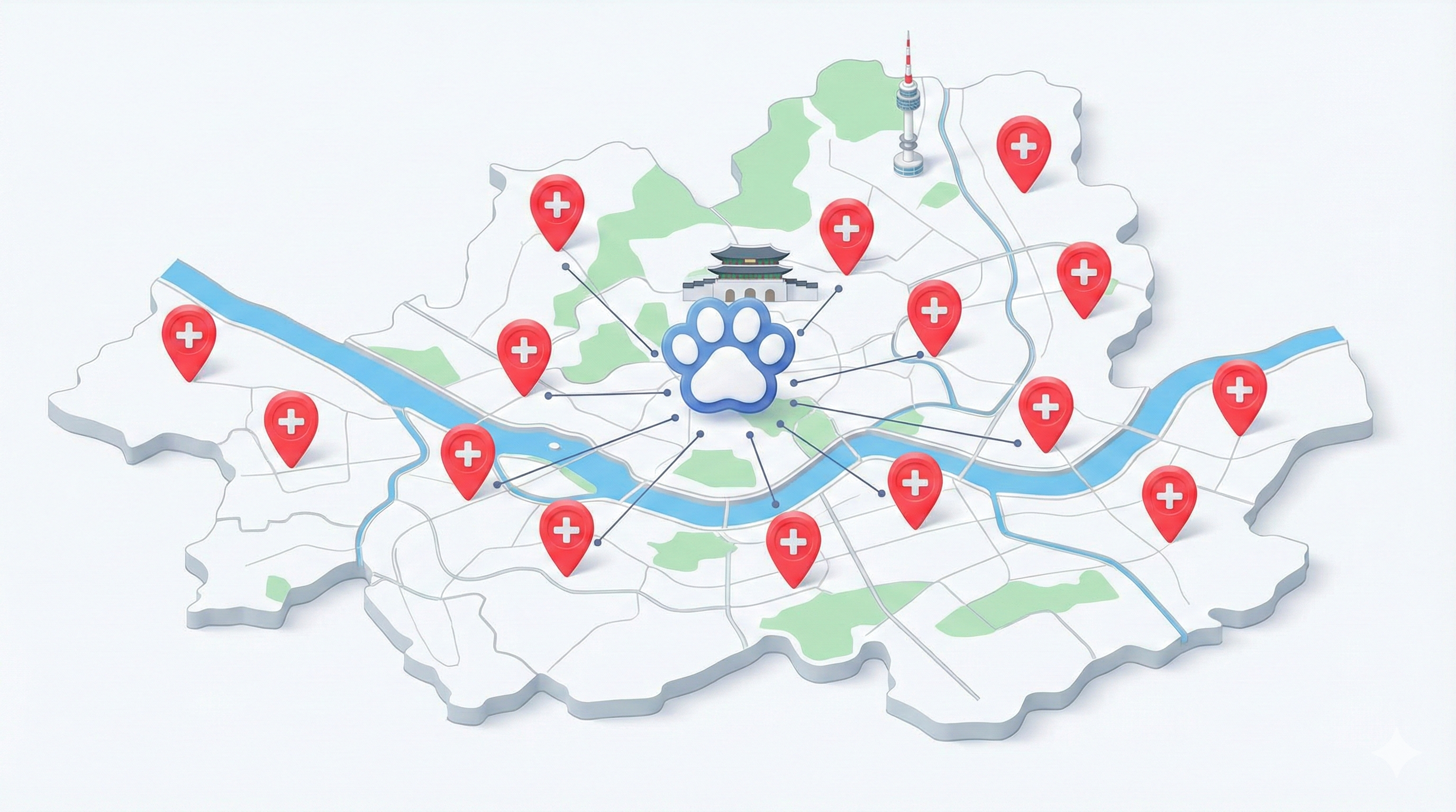 서울시 지도 위에 '지정 병원' 위치를 나타내는 빨간색 핀이 꽂혀 있고, 강아지 발바닥 아이콘이 표시된 3D 지도 이미지