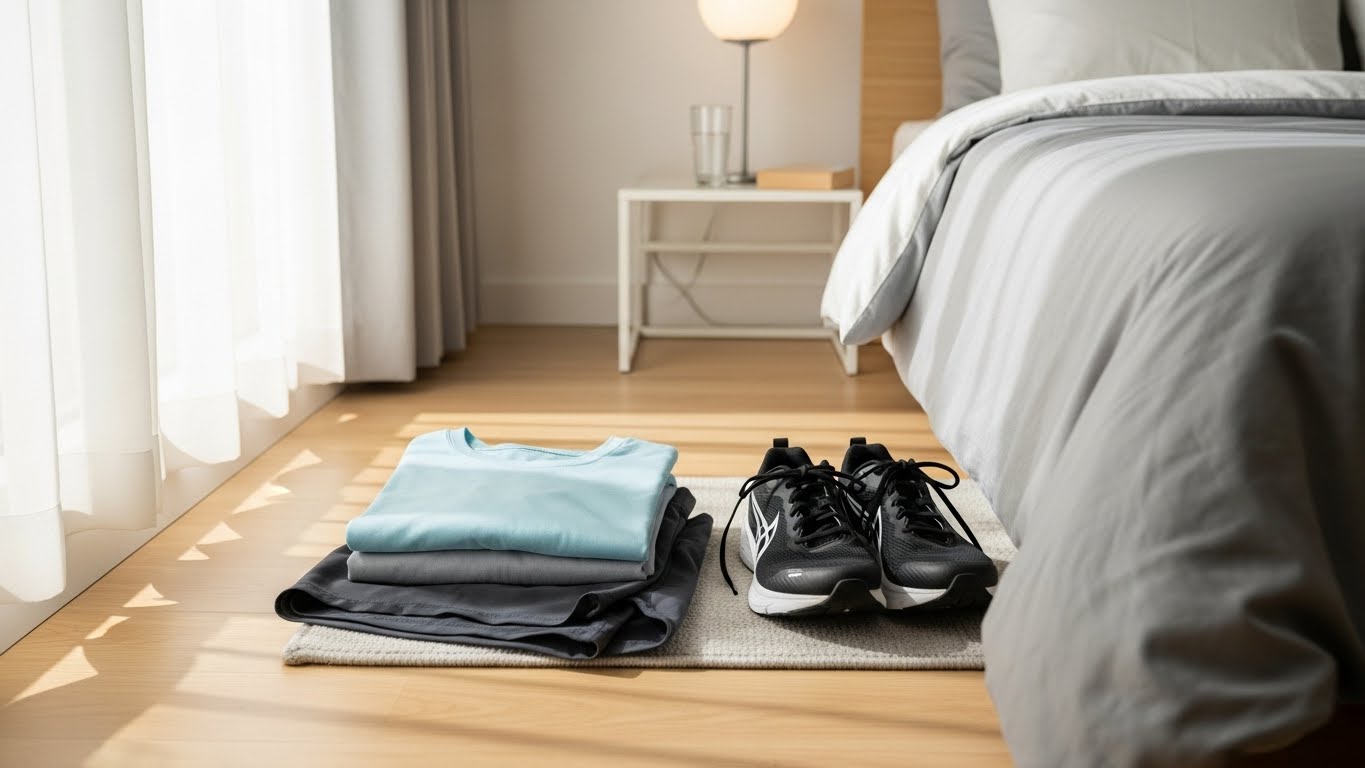 아침 운동 습관을 위해 전날 밤 미리 준비해 둔 운동복과 신발의 모습
