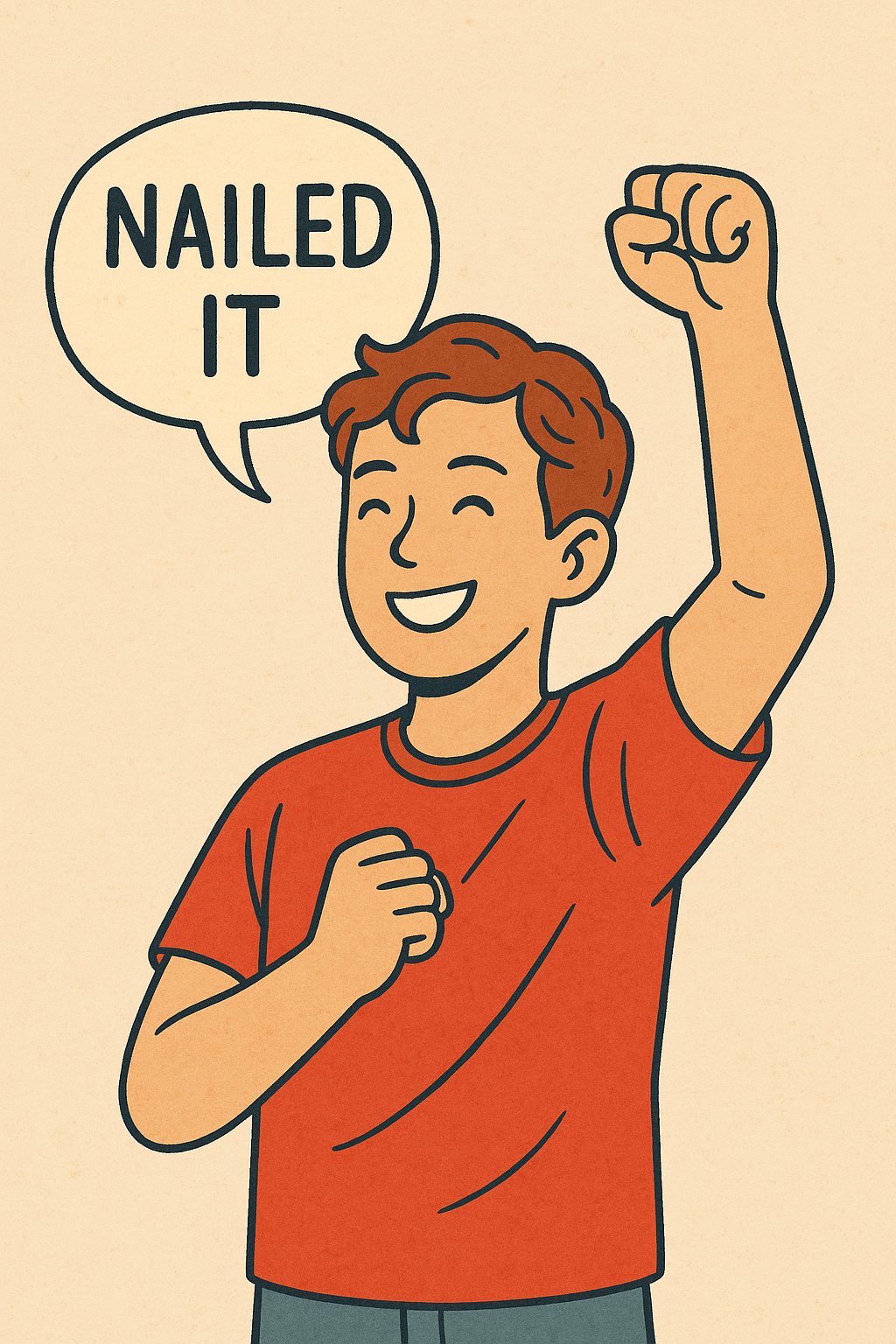 "붉은 티셔츠를 입은 남성이 주먹을 쥐고 환하게 웃으며 'Nailed it!'이라고 말하는 장면 &ndash; 무언가를 성공적으로 마쳤을 때 사용하는 표현을 묘사한 일러스트"