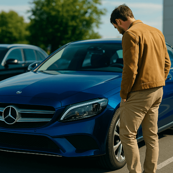 수입 중고차 점검 중인 남성과 블루 벤츠 차량