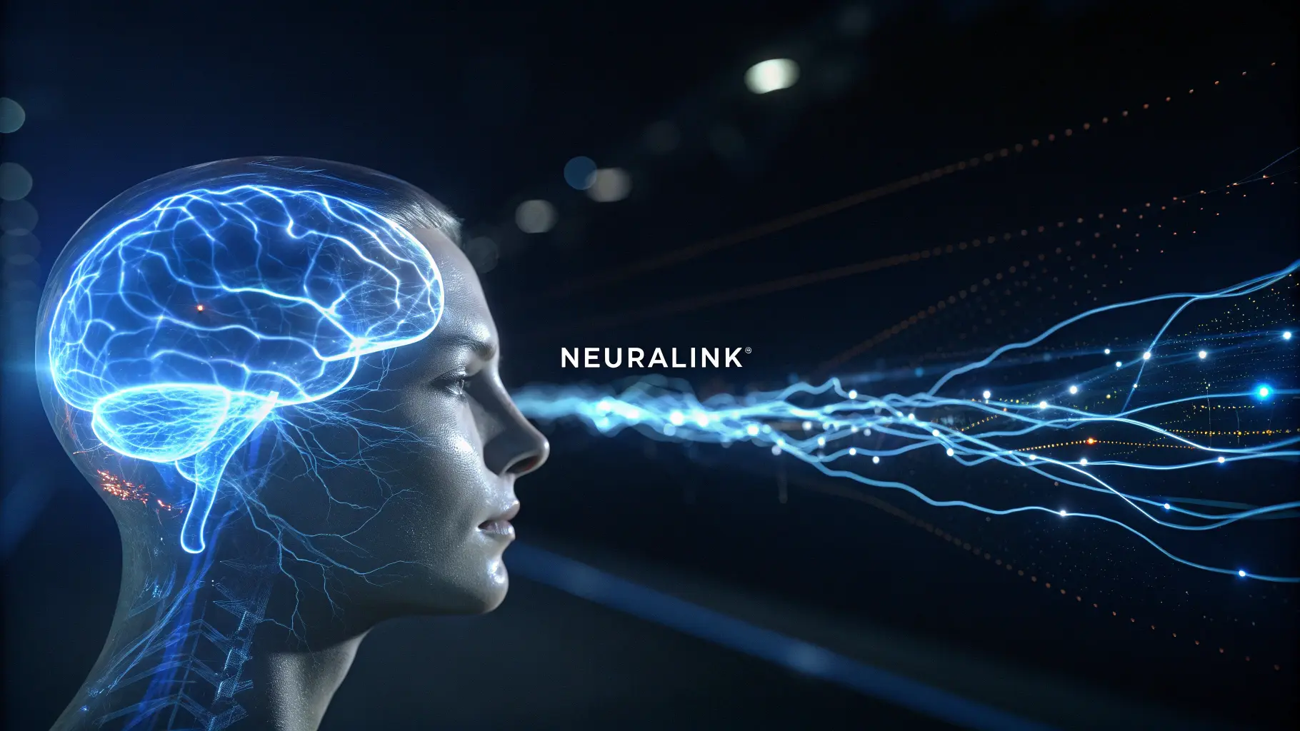 뇌 신경 신호가 디지털 텍스트로 변환되는 과정을 시각화한 미래형 인터페이스