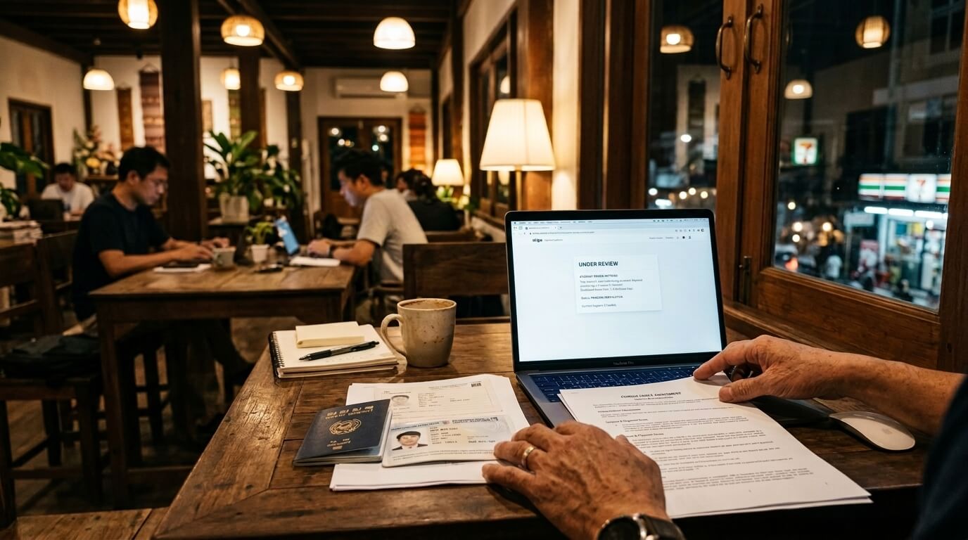 노트북 화면 속 결제 계정 심사 중 알림을 확인하는 남성의 손과 서류들