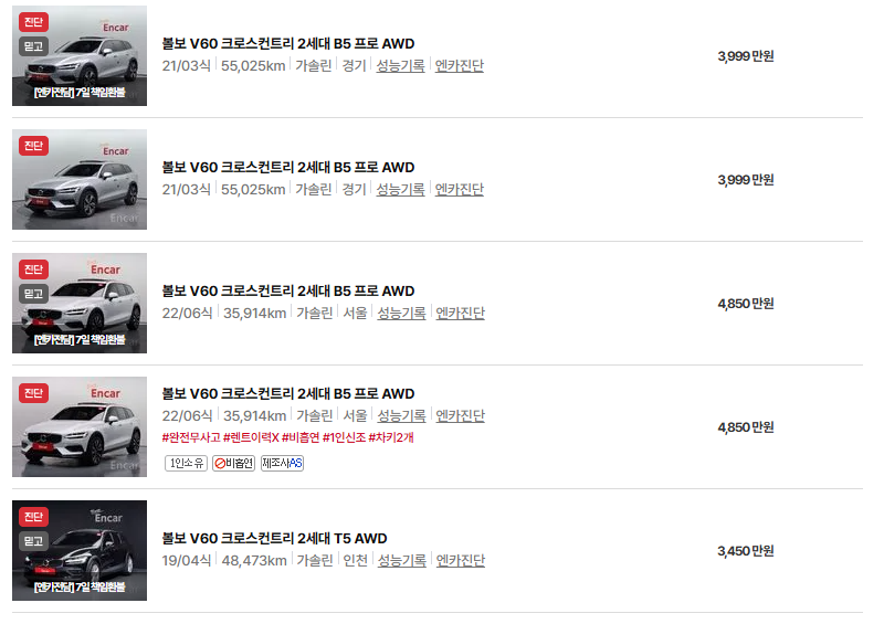 볼보 V60 중고차 가격 시세표 연비