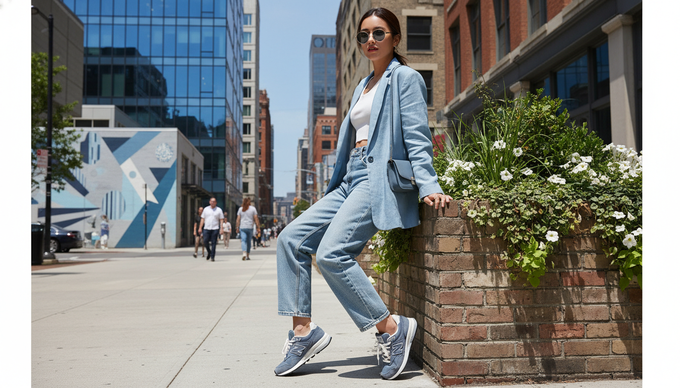 수지가 뉴발란스 204L 운동화를 세련되게 코디한 모습.