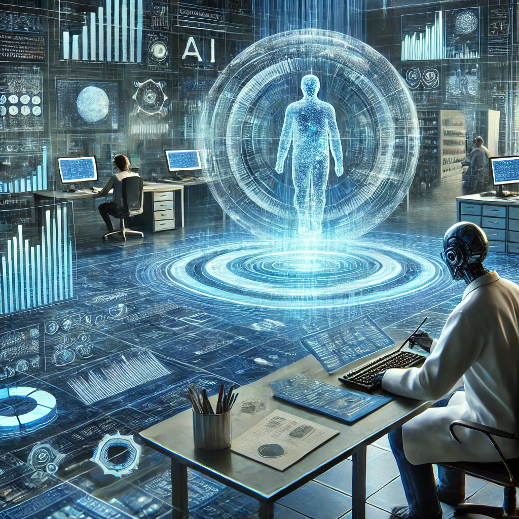 대규모 데이터셋을 분석하며 AI 알고리즘을 활용하는 데이터 과학자.