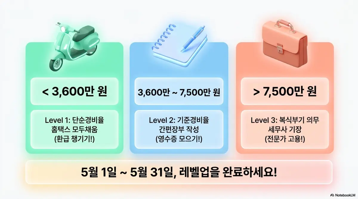 종소세 단순경비율 기준경비율: 수입 3,600만 원 미만(단순경비율·홈택스 모두채움) · 3,600만~7,500만 원(기준경비율·간편장부) · 7,500만 원 이상(복식부기·세무사 기장)을 3칸 카드로 요약한 인포그래픽 이미지. 5월 1일~31일 신고 기간 내 수입 구간별 최적 신고 방법을 시각적으로 전달하며 종소세 경비율별 절세 전략을 설명함