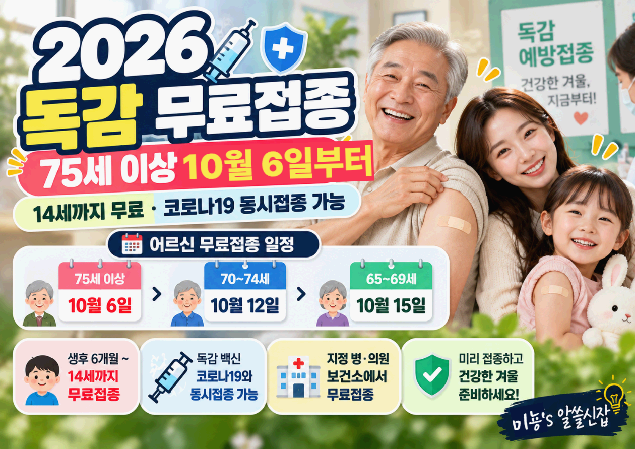 2026 독감 무료접종 총정리|75세 이상 10월 6일 시작·14세까지 무료
