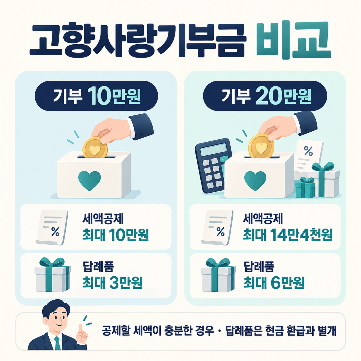 고향사랑기부금 10만원과 20만원의 세액공제액 및 답례품 한도를 구분한 비교 설명도