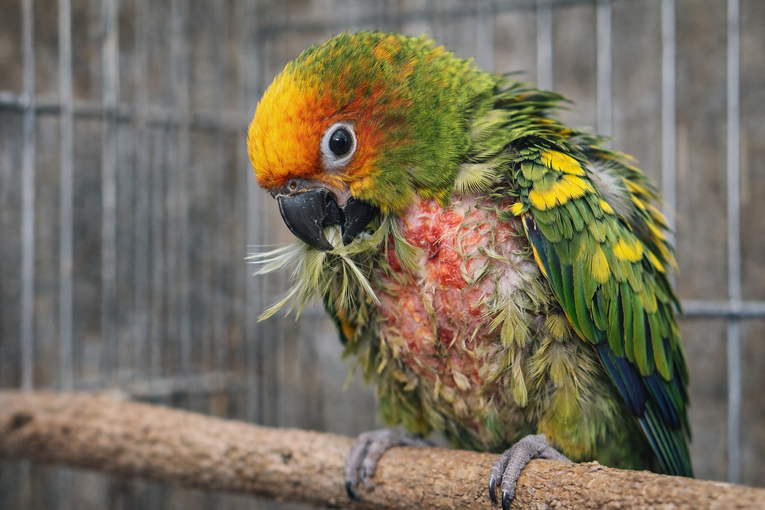 스트레스로 털어 뽑아 빨갛게 피부가 드러난 앵무새