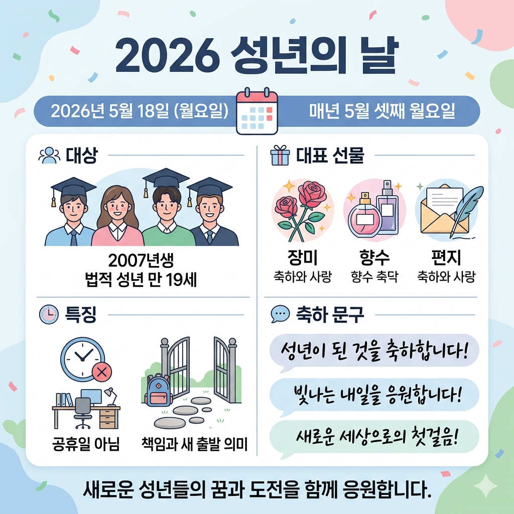 성년의 날 2026|날짜·대상 나이·의미·선물 추천 인포그래픽