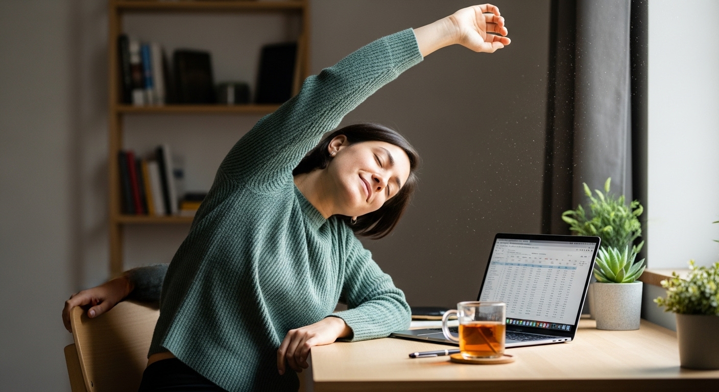 사무실이나 집에서 간단한 스트레칭 또는 앉아서 할 수 있는 미니 운동을 하는 사람의 모습, 식후 혈당 관리에 도움.