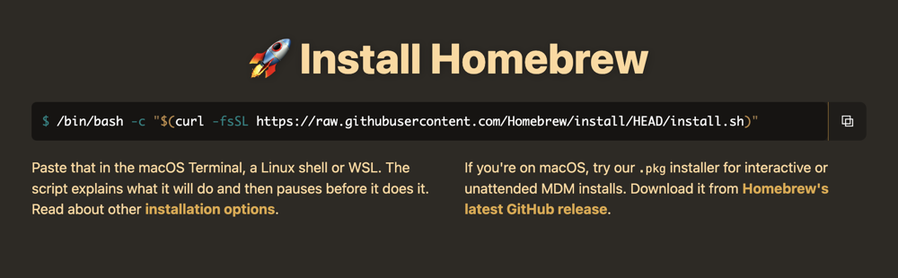 Homebrew 공식 사이트의 Install Homebrew 영역과 설치 명령