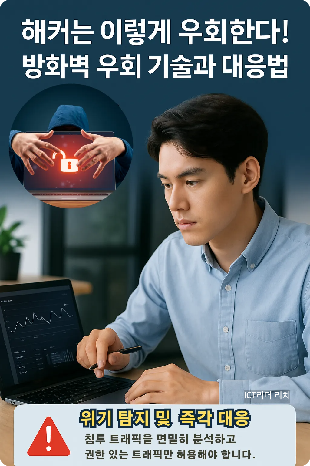 침입 트래픽을 분석하는 20대 남성 전문가와 방화벽 우회 탐지 인포그래픽