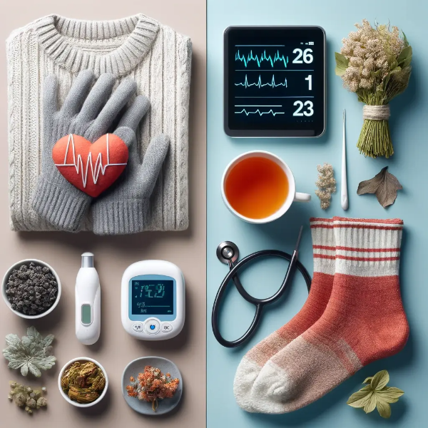 장갑, 두꺼운 양말, 디지털 순환 모니터, 허브차가 정돈된 스튜디오 컷