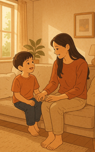 양육비 선지급제 혜택을 받는 한부모 가정의 엄마와 아이가 거실에서 따뜻하게 대화하는 모습