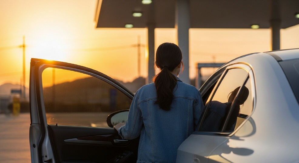 해질녘 주유소에서 차량 문 여는 여성