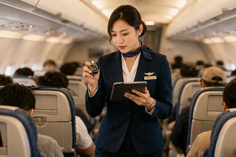 출발 전 항공기 객실 통로에서 한국인 여성 승무원이 기계식 카운터와 태블릿을 들고 승객 수와 좌석 구역을 확인하는 모습. 따뜻한 기내 조명 아래 객실은 일부만 탑승된 상태이며, 승무원과 카운터가 선명하게 강조되어 있다.