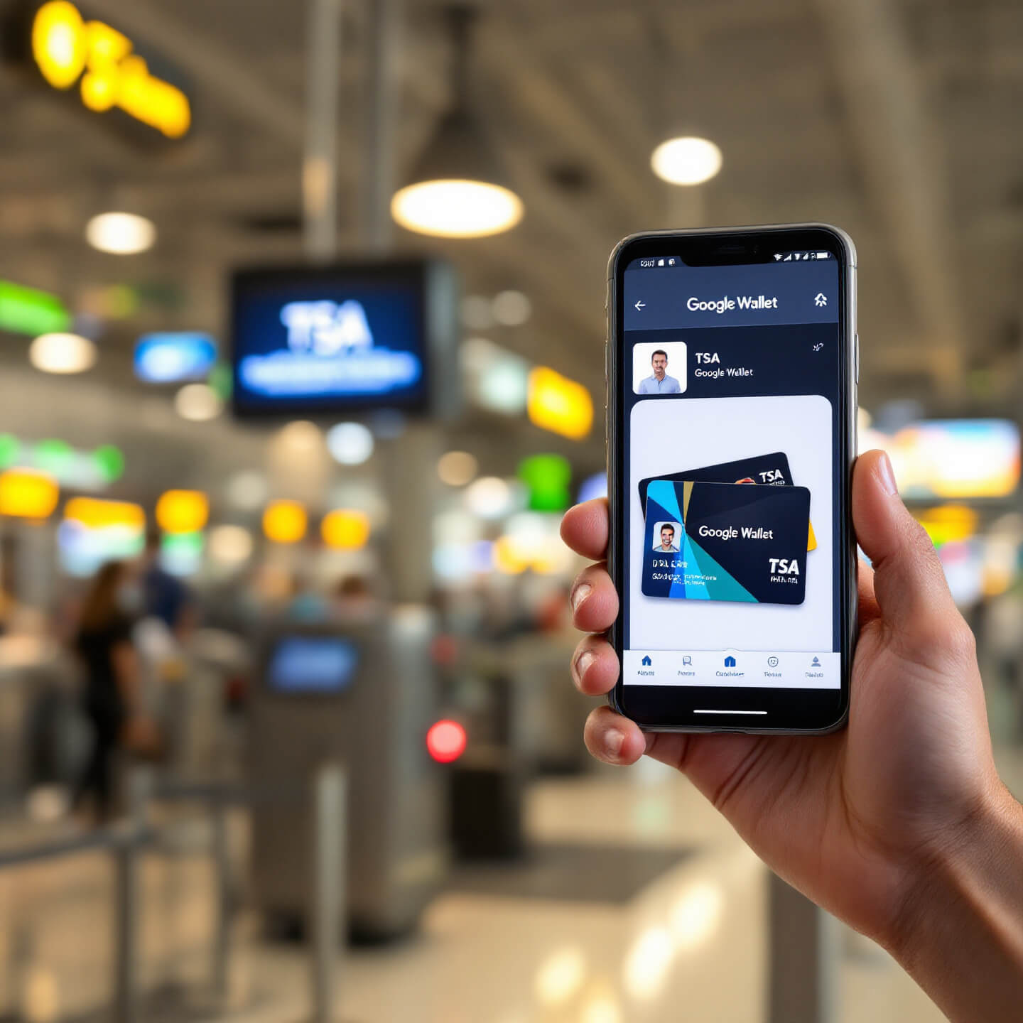 공항 체크포인트 배경에서 스마트폰을 들고 있는 손. 스마트폰 화면에는 Google Wallet 앱이 열려 있으며, TSA 로고가 포함된 디지털 신분증이 표시되어 있다. 주변은 밝은 조명 아래 공항 내부 모습으로, 사람들이 대기 중인 모습이 흐릿하게 보인다.
