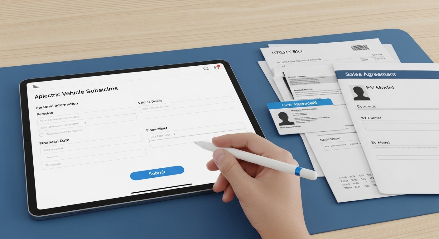 전기차 보조금 온라인 신청 양식이 보이는 태블릿과 필수 서류들, 신청 준비의 중요성을 강조.