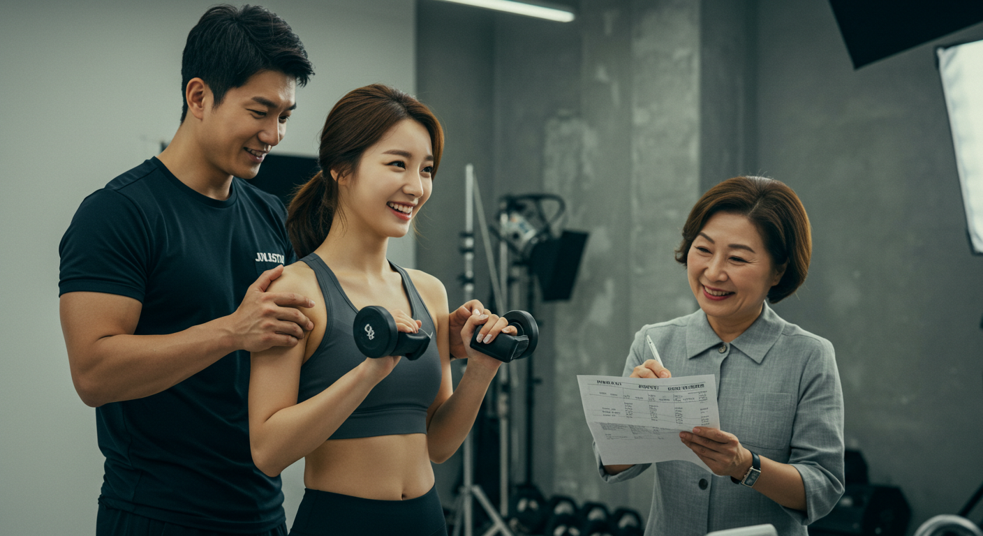 "촬영을 준비하는 한국 연예인과 개인 트레이너, 영양사가 식단 계획을 검토하는 모습"