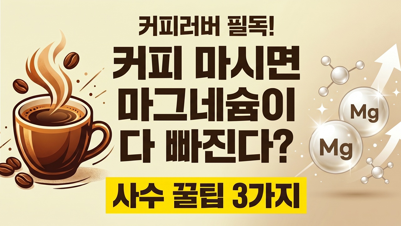 A flat lay photo of a cup of coffee and magnesium supplements with text overlay / 커피와 마그네슘 영양제 섭취 궁합에 관한 썸네일 이미지