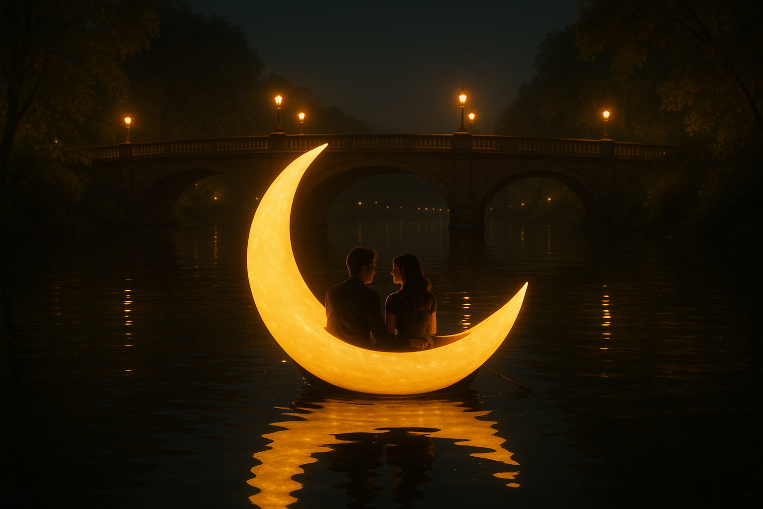 조명이 켜진 밤의 안동 월영교와 그 아래에서 문보트를 타는 커플