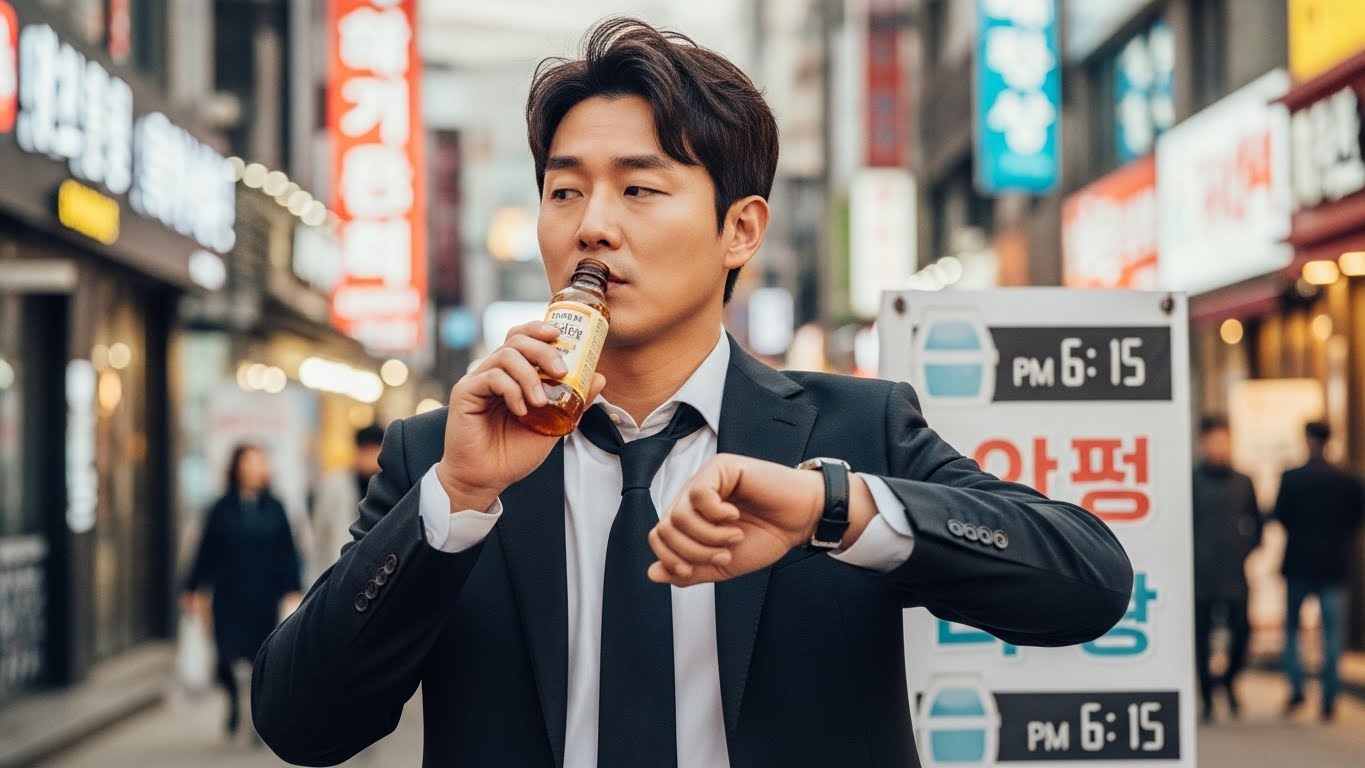 술자리가 시작되기 30분 전 미리 숙취해소제를 마시며 간을 보호하는 한국 직장인