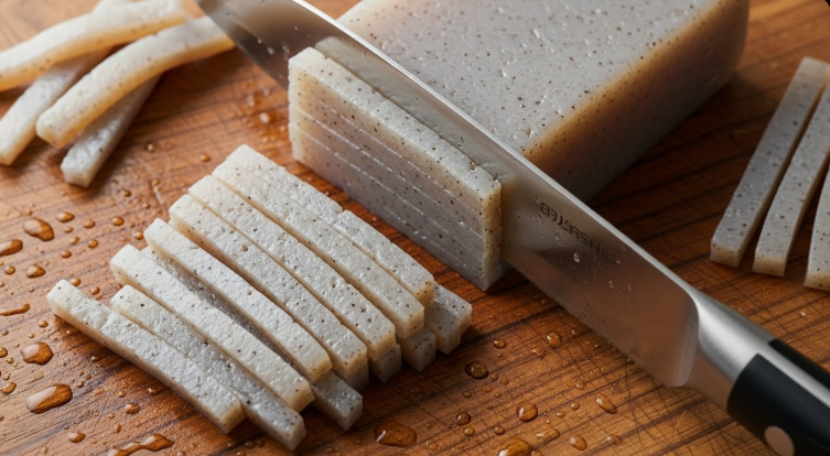 판곤약을 도마 위에서 정갈하게 채 썰기