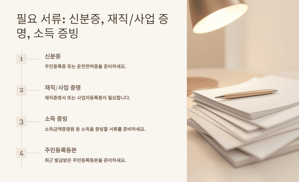 필요 서류: 신분증, 재직/사업 증명, 소득 증빙