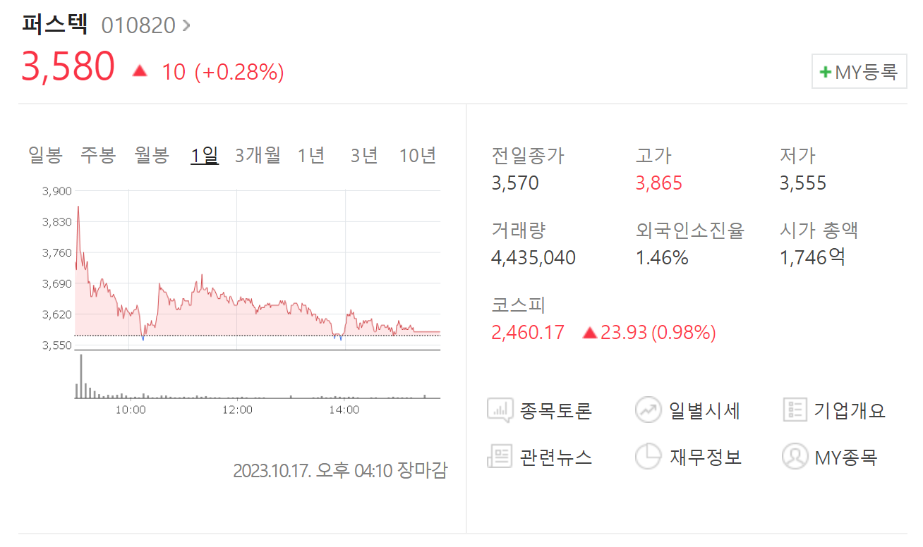 퍼스텍 주가