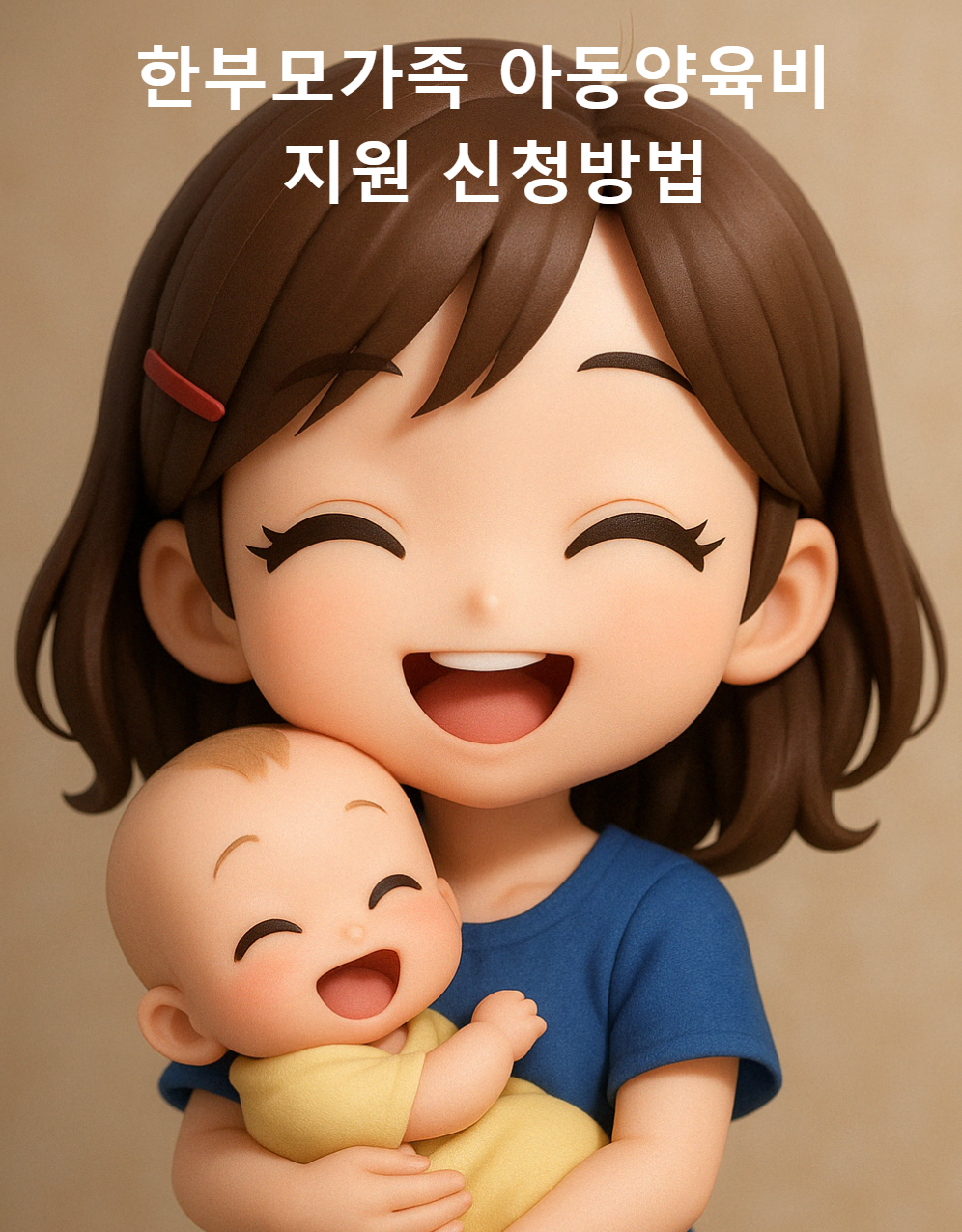 한부모가족 아동양육비 지원 신청방법_젊은 엄마가 아이를 안아 들고 서서 웃고 있는 모습