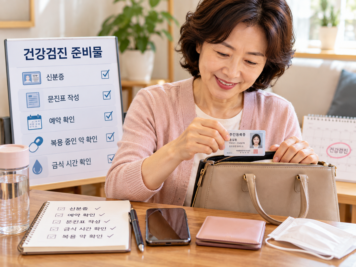 건강검진을 앞두고 신분증과 준비물을 챙기는 중장년 여성