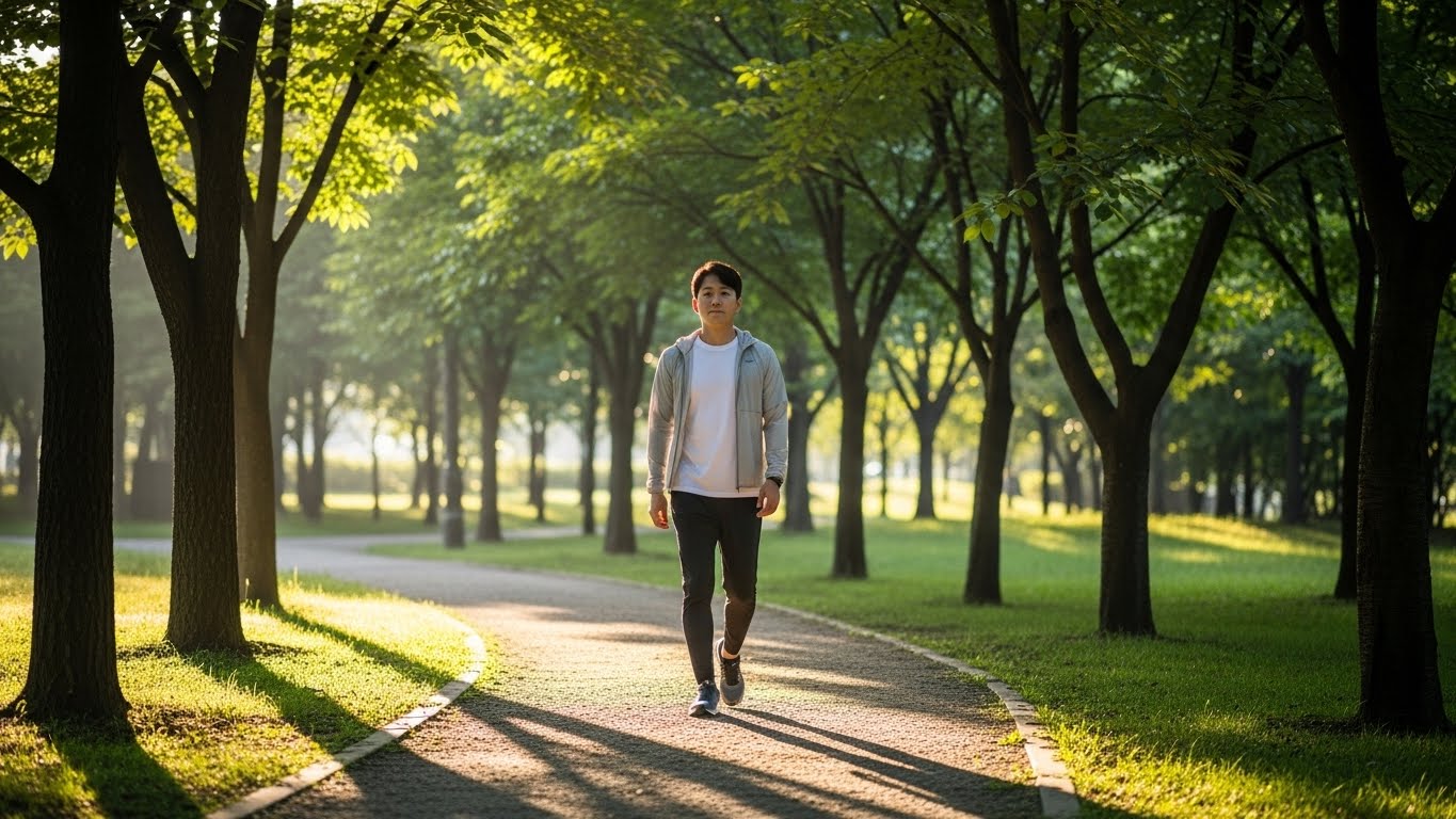 생체 리듬 회복을 위해 오전 햇살을 받으며 가볍게 산책하는 리더의 전신 모습