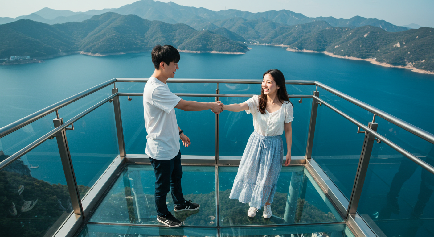 춘천 소양강 스카이워크 위에서 즐거워하는 한국인 커플