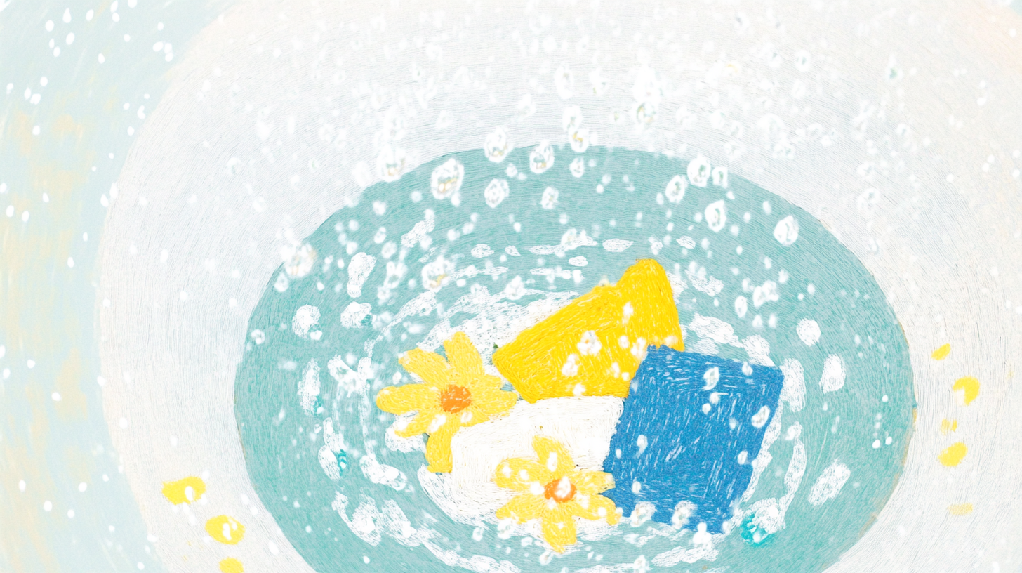 부드러운 빛 아래 물방울이 빛나는 미니어처 세탁 드럼에서 섬세하게 세탁되는 아기 옷의 특성