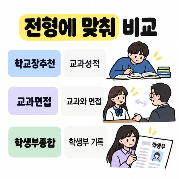 학교장추천의 교과성적, 교과면접의 교과와 면접, 학생부종합의 학생부 기록을 공부와 면접 및 학생부 삽화로 연결한 구성