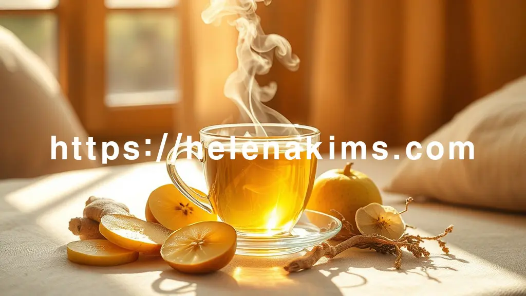 따뜻한 햇살이 비치는 아늑한 공간. 김이 모락모락 피어오르는 투명한 찻잔 옆에 생강, 모과, 유자, 도라지 등 4가지 차 재료가 각각 예쁘게 놓여 있다.