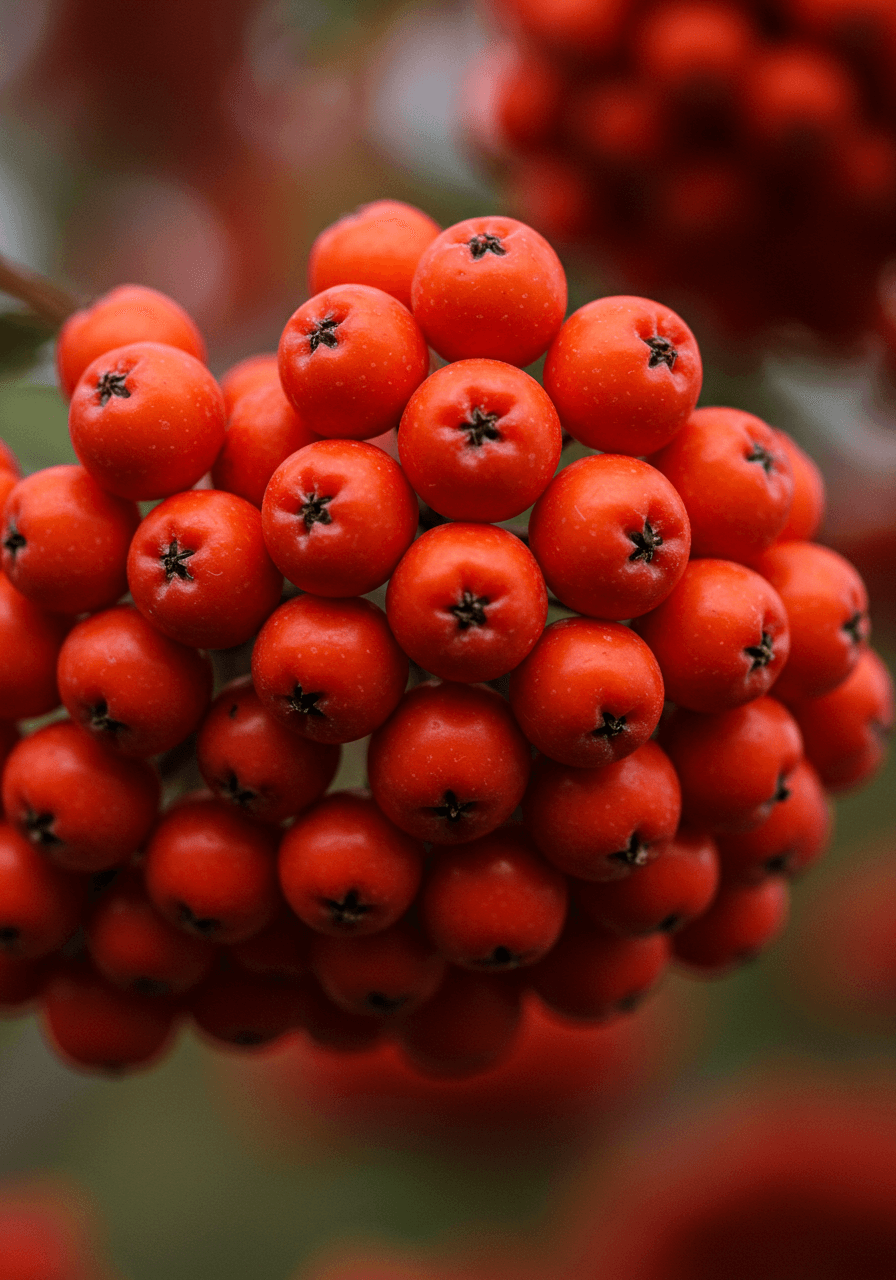 붉게 익은 마가목 열매를 클로즈업한 사진