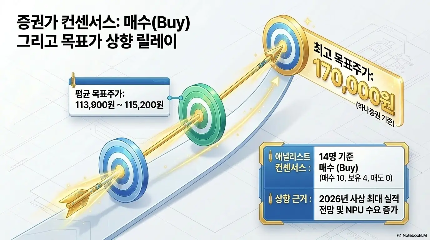 리노공업 주가 전망: 리노공업 목표주가에 대한 증권가 컨센서스를 화살과 과녁으로 표현한 인포그래픽. 평균 목표주가 11만3,900원에서 11만5,200원, 최고 목표주가 17만원과 애널리스트 14명 기준 매수 의견, 2026년 사상 최대 실적 전망에 따른 상향 근거를 보여주며, 블로그의 리노공업 주가 전망 주제와 관련된 목표주가 흐름을 설명함