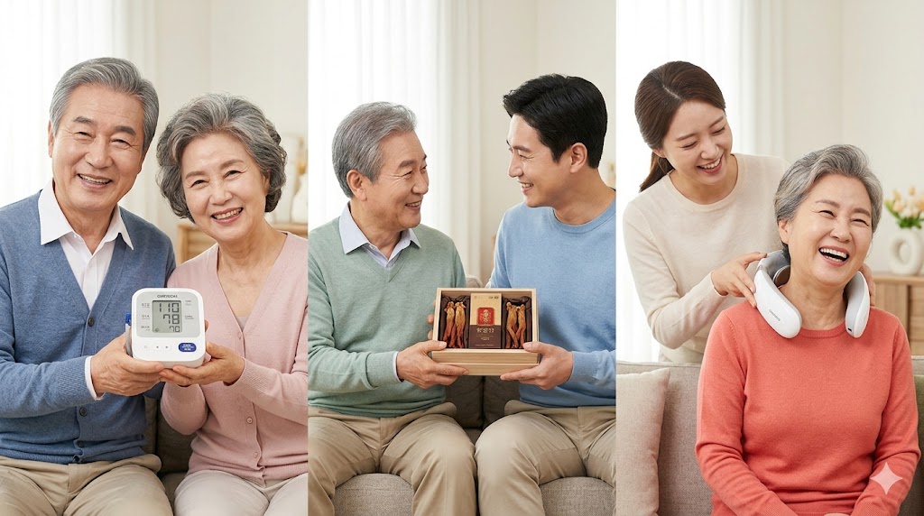 세 개의 따뜻한 가족 사랑 이야기를 담은 멀티 패널 이미지. 왼쪽 패널은 70대 부모님이 디지털 혈압계를 들고 안도하는 미소를 짓고 있다. 가운데 패널은 60대 아버지가 아들에게 홍삼 상자를 받으며 환하게 웃고 있다. 오른쪽 패널은 50대 어머니가 딸이 어깨에 매주는 목 안마기를 사용하며 함께 웃음을 터뜨리고 있다. 각 패널의 배경은 아늑한 거실이며 자연광이 따뜻하게 비춘다.