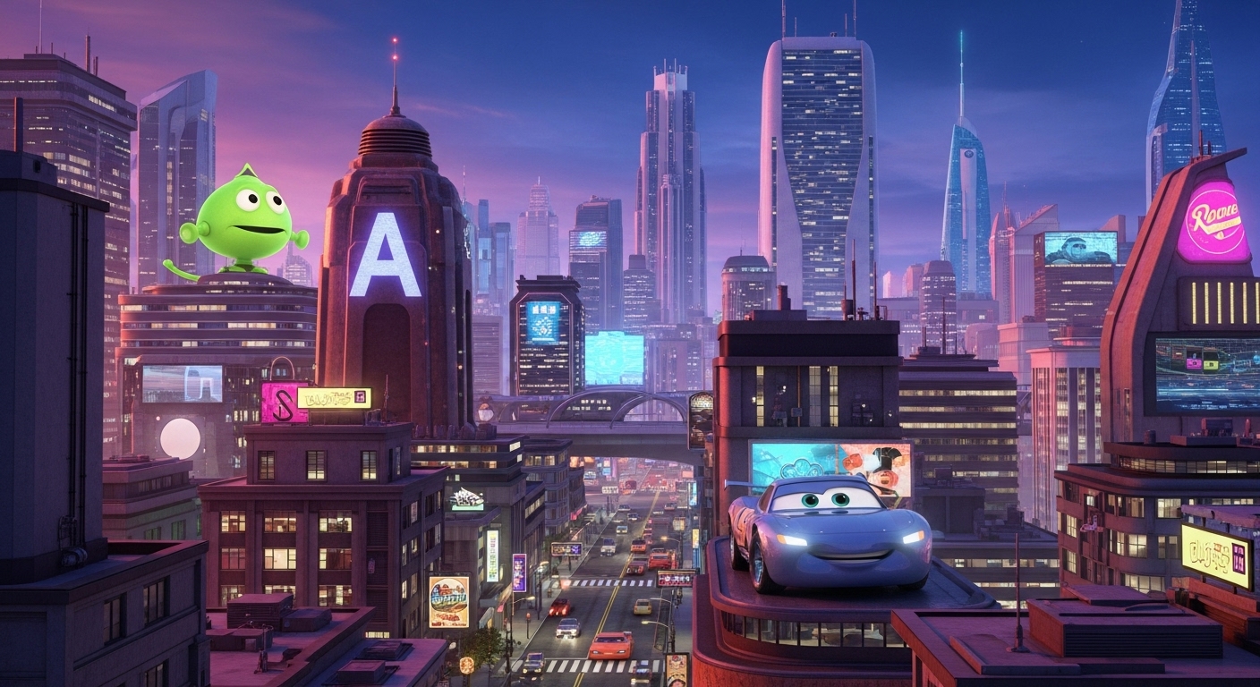 픽사의 미래를 상징하는, 첨단 기술로 구현된 역동적인 도시 풍경과 현대적인 캐릭터들.