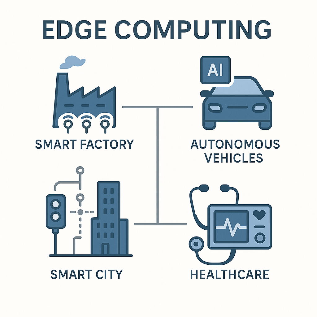 Edge computing real-world applications infographic showing manufacturing, automotive, smart city, and healthcare use cases