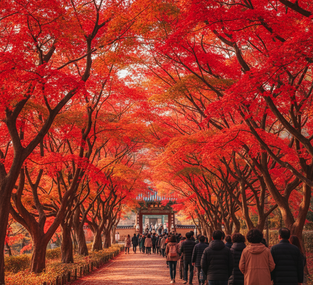 내장산 단풍터널을 걷는 여행객들